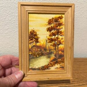 Framed Baltic Amber Stone Autumn Landscape Art